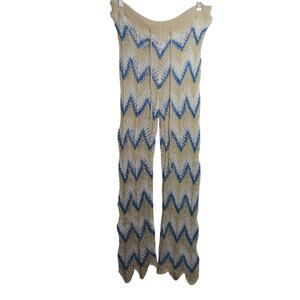Crochet Cream Blue Open Knit Beach Festival Coverup Pull On Pants Size L